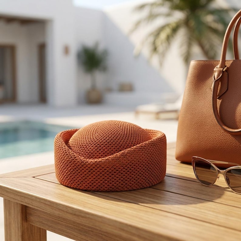 May include: A burnt orange woven hat with a rounded crown and a structured brim, accompanied by a tan leather handbag with dual handles and a pair of cat-eye sunglasses with gold-toned frames resting on a wooden surface.