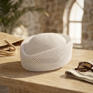 Woven Pillbox Hat Round Crown Sun Hat Sailor Hat Marin Style Packable Beach Hat Windproof Summer Cap Vacation Hat Women Boho Travel Gift White