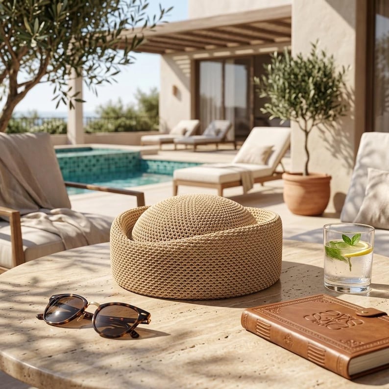 May include: A beige woven straw hat with a rounded crown and a wide, structured brim sits on a stone table next to a pair of brown tortoiseshell sunglasses and a brown leather-bound book, with a glass of water containing a lemon slice.