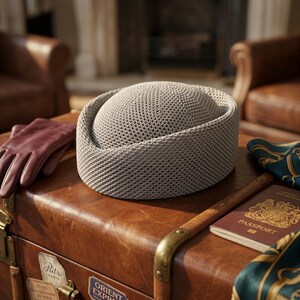 May include: A light gray pillbox hat with a textured, woven mesh construction. The hat features a rounded crown and a structured, upright brim, showcasing a uniform, repeating geometric pattern across its entire surface.