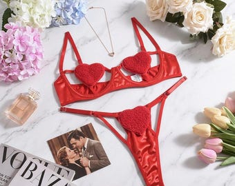 Lingerie di San Valentino - Luxury Red Mesh Lingerie Set, Valentines Day Sexy Lace Lingerie, Online Lingerie Gift for Her,boudoir lingerie