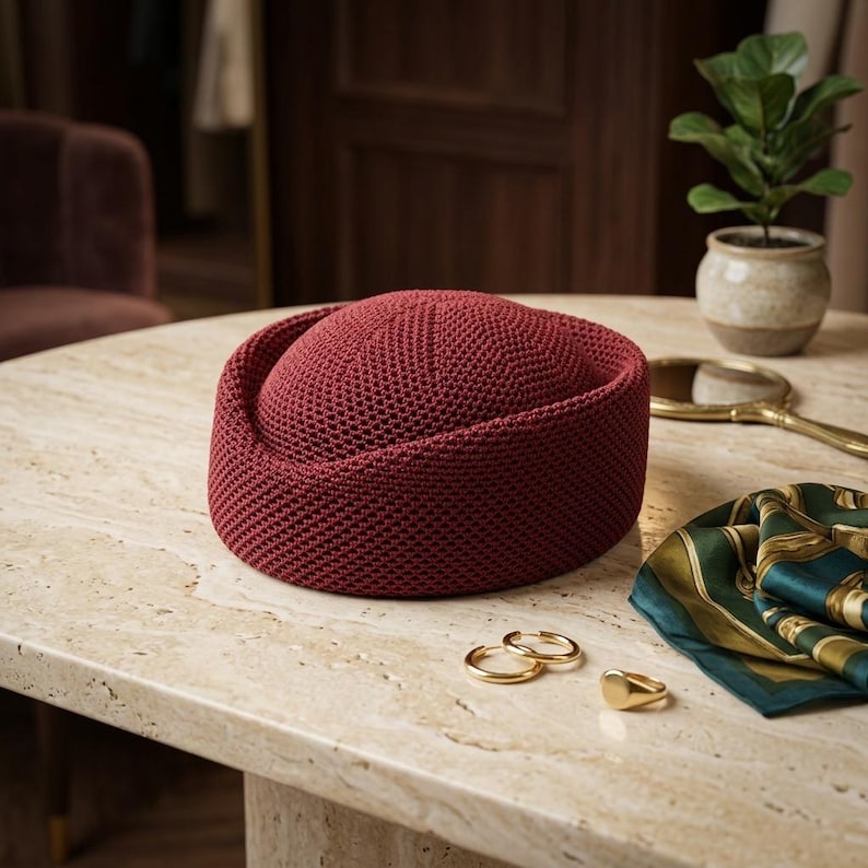 May include: A deep red, round, brimless hat featuring a dense, textured knit pattern. The hat has a structured, rolled edge design and a solid, uniform color throughout, showcasing a consistent stitch detail across the entire surface of the crown.