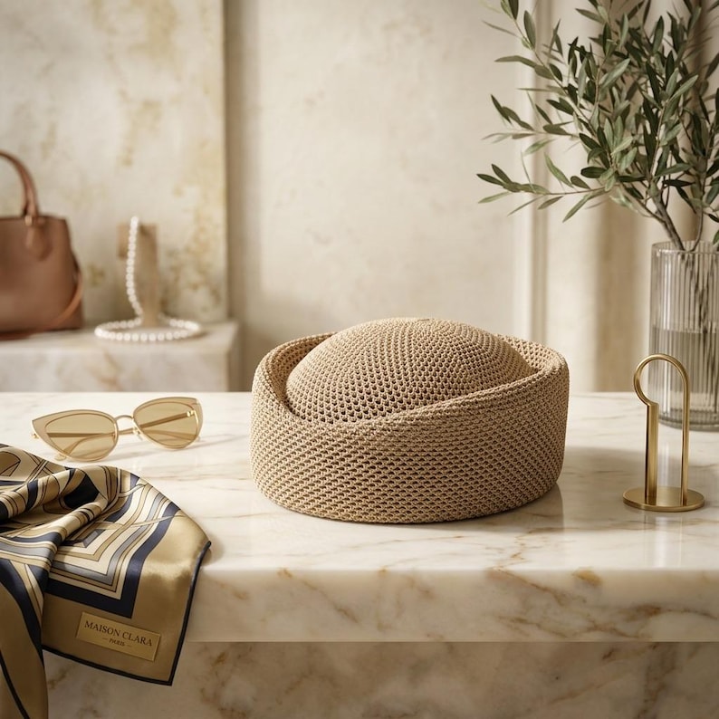 May include: A beige woven straw hat with a rounded crown and a structured brim. The hat features a tight, uniform knit texture throughout its surface, presenting a neutral tone and a circular silhouette that sits flat on a surface.