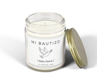 Mi Bautizo Candle Favor, Personalized Spanish Baptism Gift, Recuerdos de Bautizo, Minimalist Dove, Coconut Apricot Wax, Glass Jar Gold Lid