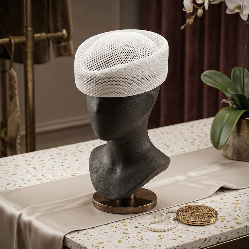 May include: A white pillbox hat with a structured, open-weave mesh texture. The hat features a rounded crown and a thick, solid band around the base, displayed on a dark, featureless mannequin head bust to showcase its form and design.