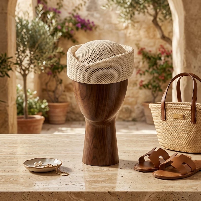 May include: A cream-colored pillbox hat with a woven mesh texture displayed on a wooden mannequin head, accompanied by a woven straw tote bag, a pair of tan leather slide sandals, and a small ceramic dish containing a gold chain and pearls.
