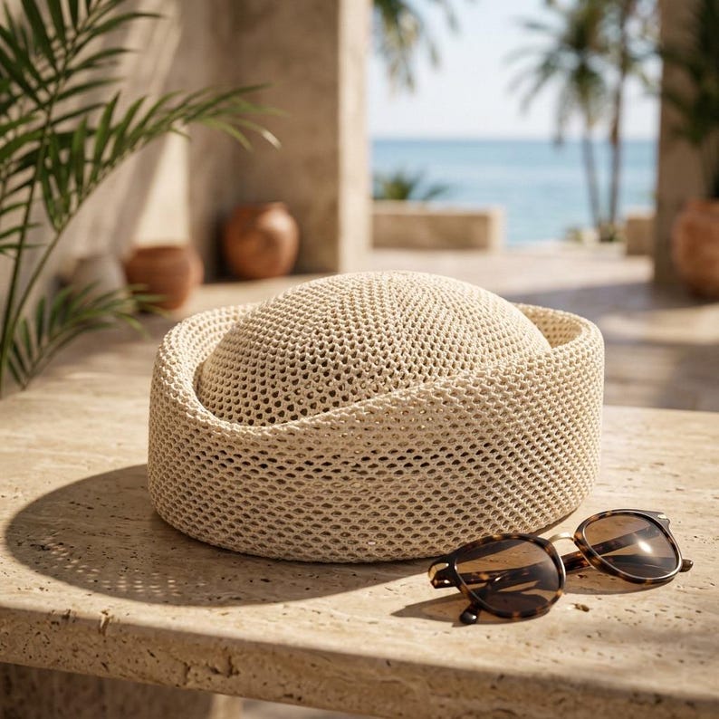 May include: A cream-colored woven straw hat with a rounded crown and a structured, upright brim, accompanied by a pair of brown tortoiseshell-patterned sunglasses with dark lenses, resting together on a textured stone surface.