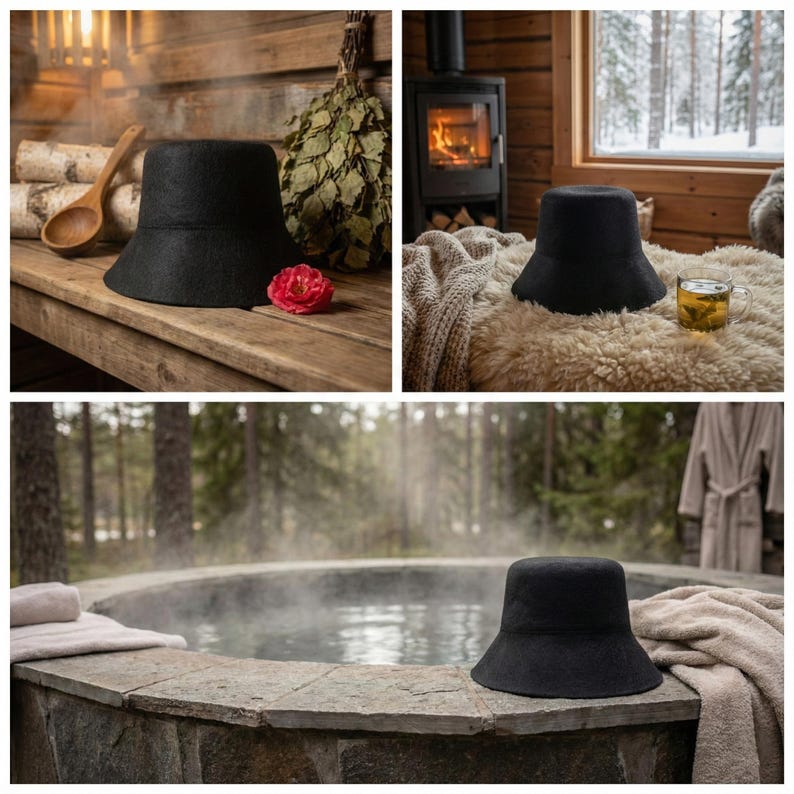 May include: A black felt bucket hat with a wide brim. The hat is displayed in various spa-like settings, including a sauna and near a hot tub. A red flower and wooden spoon are also visible.