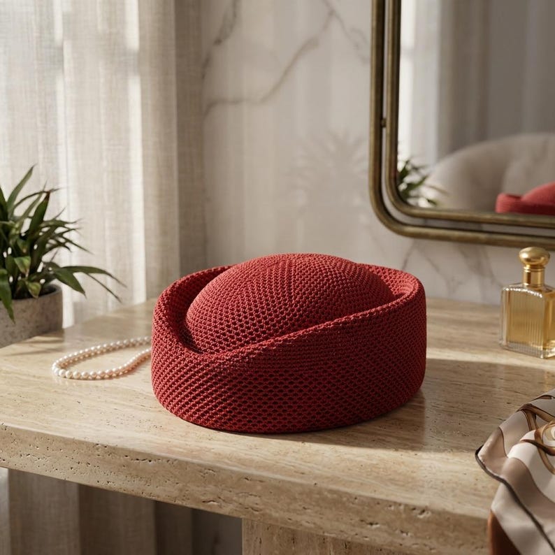 May include: A deep red, round, structured hat with a textured, woven knit surface. The hat features a prominent, thick, rolled brim that encircles the domed crown, creating a distinct, uniform silhouette with a consistent, dense, mesh-like pattern.