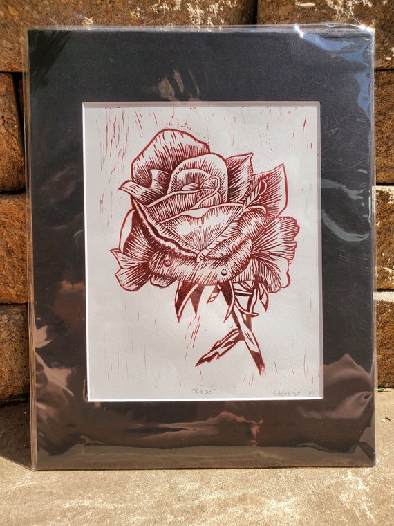 Red Rose Linoleum Print Etsy