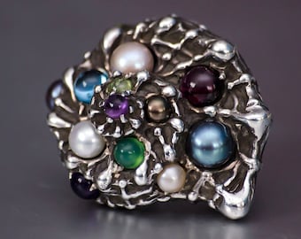 Anillo de plata de ley con forma de concha, anillo con forma de concha, anillo grueso, anillo con varias piedras