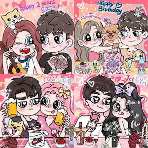Retrato de pareja en estilo de dibujos animados personalizado / Regalo imprimible personalizado / Linda ilustración de pareja para foto de perfil o arte de pared
