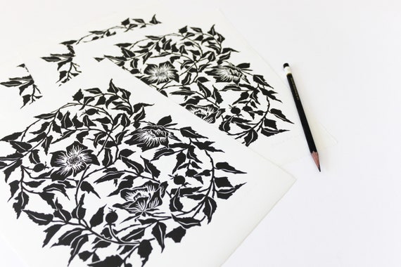 Wild Rose 9x12 Linoleum Block Print Botanical Pattern | Etsy Norway