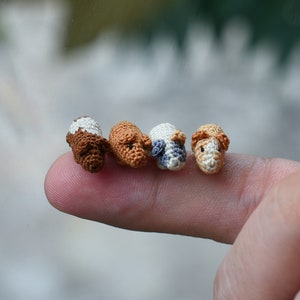 Könnte beinhalten: Vier kleine gehäkelte Meerschweinchen in Braun, Weiß und Grau sind auf einem Finger aufgereiht.