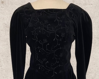 Vintage Black Velvet Dress | 80s Laura Ashley | Floral Embroidered Puff Shoulder Boho Gothic Dress - Size 8 XS  - FREE AU Shipping