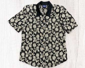 Vintage Sheer Floral Blouse l 80s Black & Gold Metallic Shirt - Size 10