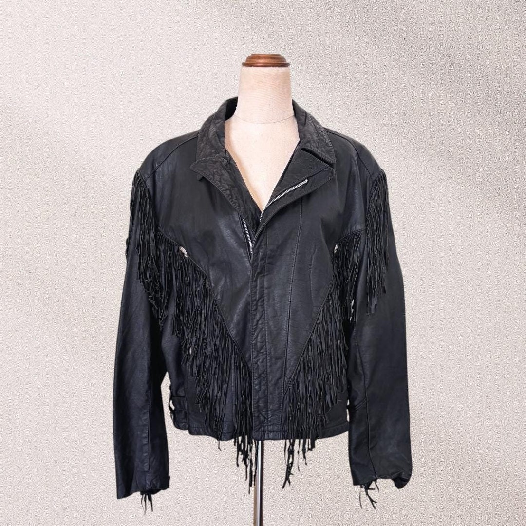 ジャケット・アウター vintage western fringe concho leather Vintage Black Leather Fringe Biker Jacket: Western Concho