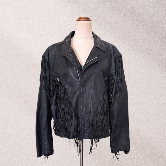 Vintage Western Leather Fringe Coat Black Biker Jacket Vintage Western Leather Fringe Coat Black Biker Jacket