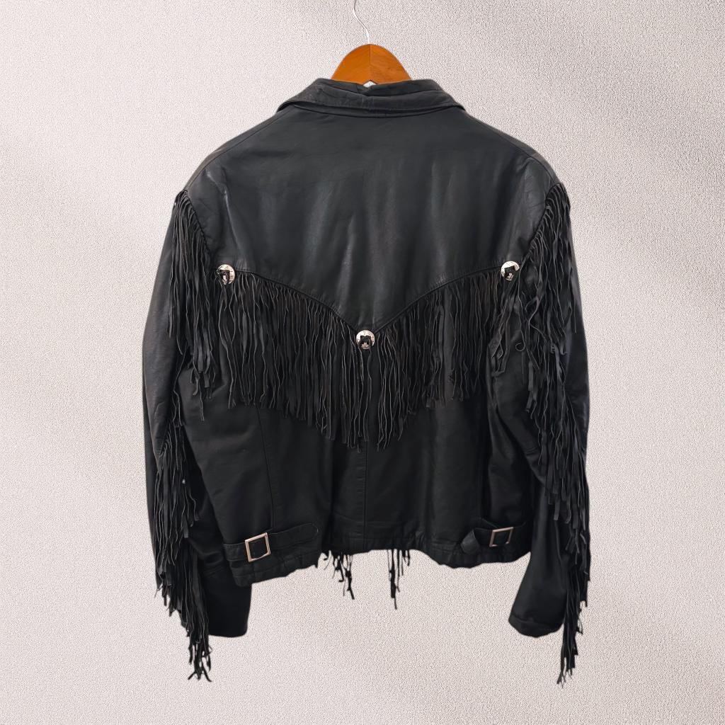 ジャケット・アウター vintage western fringe concho leather Vintage Black Leather Fringe Biker Jacket: Western Concho
