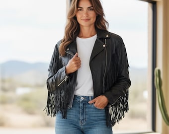 Jaqueta de couro preta | Jaqueta estilo motociclista com franjas vintage: modelo western com detalhes em relevo - Unissex M/G