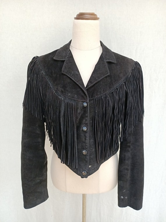 Vintage 90s Western Fringe Cowboy Black Leather Su