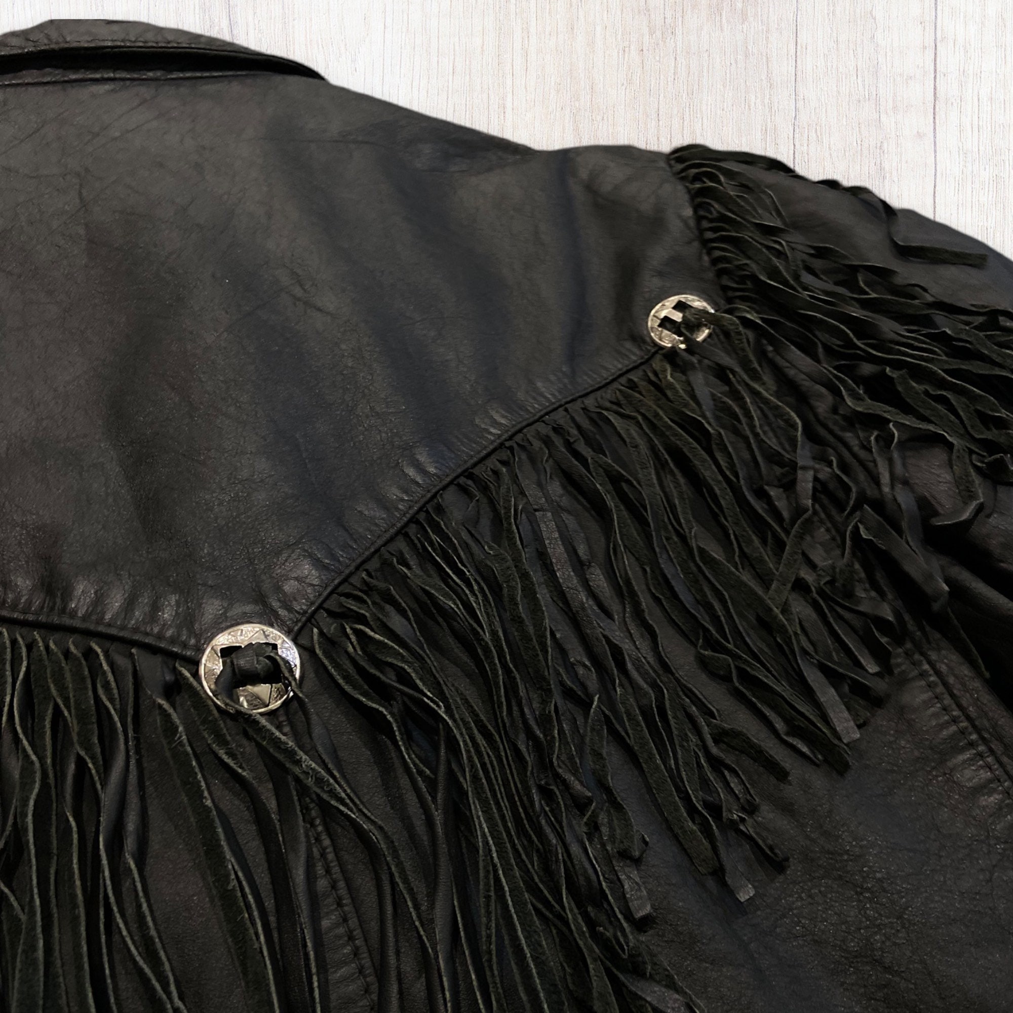 ヴィンテージ ブラックレザー フリンジ バイカージャケット