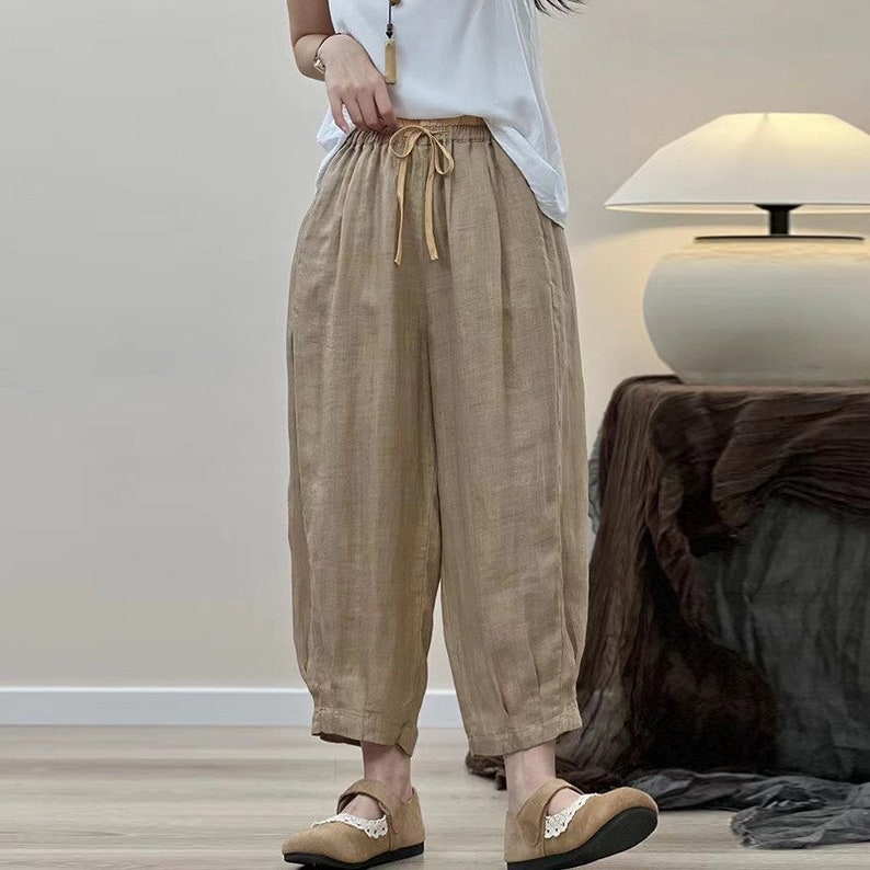 Summer Linen Trousers, Women's Linen Trousers, Khaki Green Casual Loose