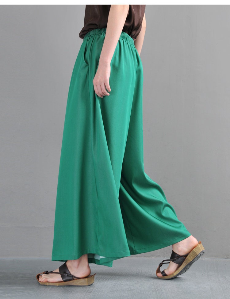 Green silk wide leg pants Palazzo pants Linen pants Skirt | Etsy