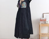Vintage Linen Dress, Embroidered Long Sleeve Dress, Dress With Pockets, Oversize Dress, Women Retro Robe, Large Size Dress, Loose Fit dress