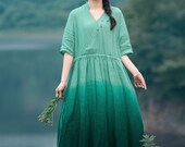 Summer Dress Women , Green Gradient Ramie Dress, High Waist Belt Dress, Maxi Dress Plus Size, Embroidery Retro Dress, Half Sleeve Dress