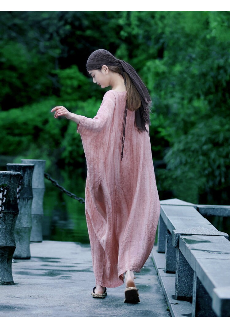 Women Loose Linen Dress Pink Summer Retro Linen Gown Linen - Etsy