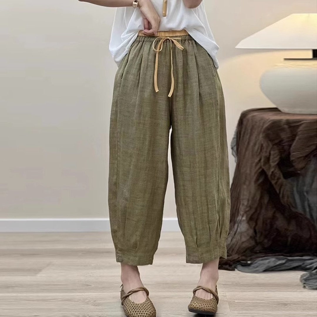 Summer Linen Trousers, Women's Linen Trousers, Khaki Green Casual Loose