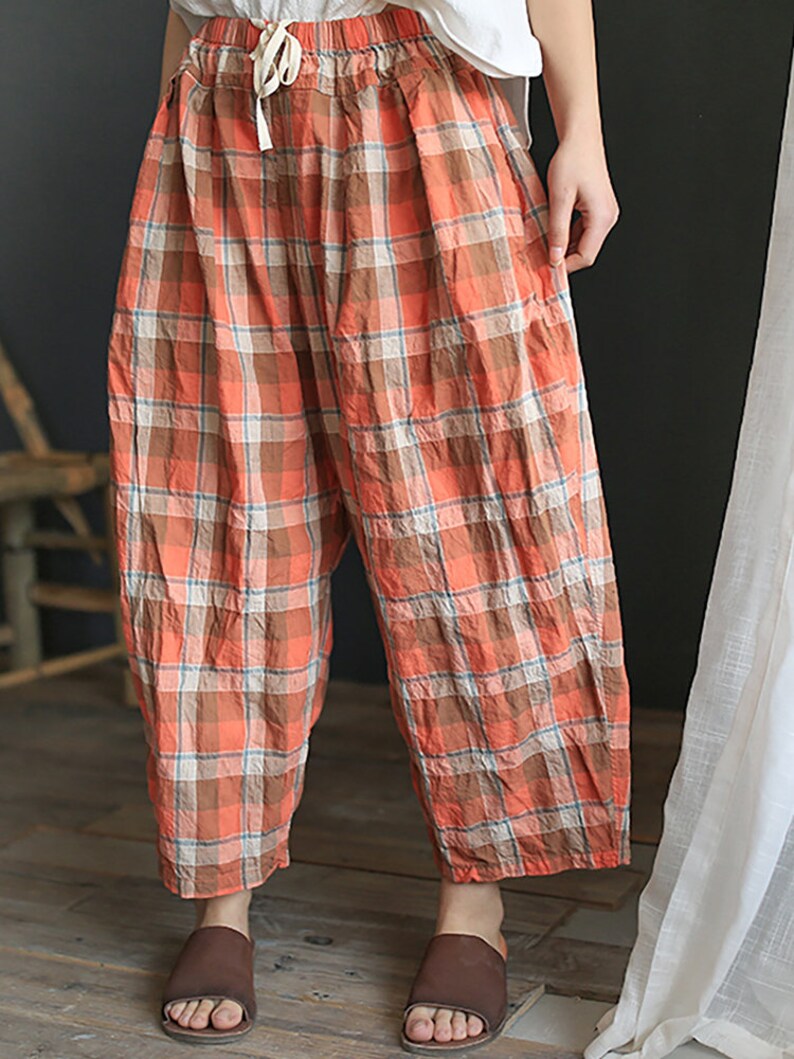Women orange plaid Linen pants Loose Wide Leg Trousers Pants | Etsy