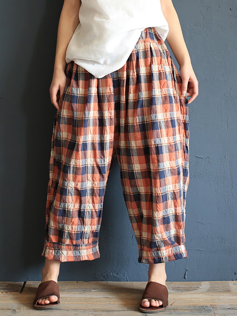 blue and orange plaid pants