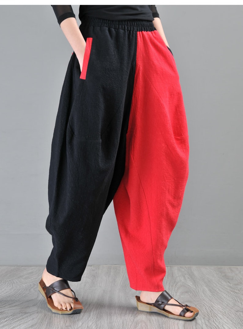 Free Shipping-Black and red stitching Harem Pants-Women's Yoga Pants-High Waist Linen Pants-Mother's Day Gift Wide Leg Pants-Linen Pants