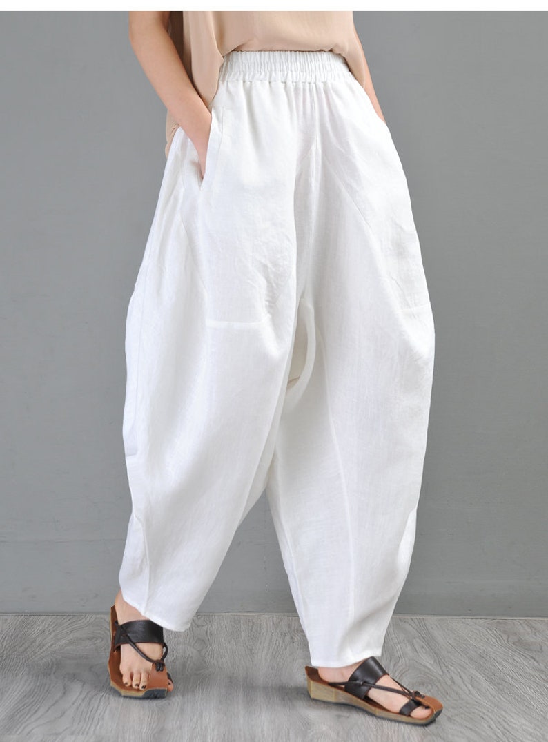 Linen harem pants White harem pants women Drop crotch Pants | Etsy