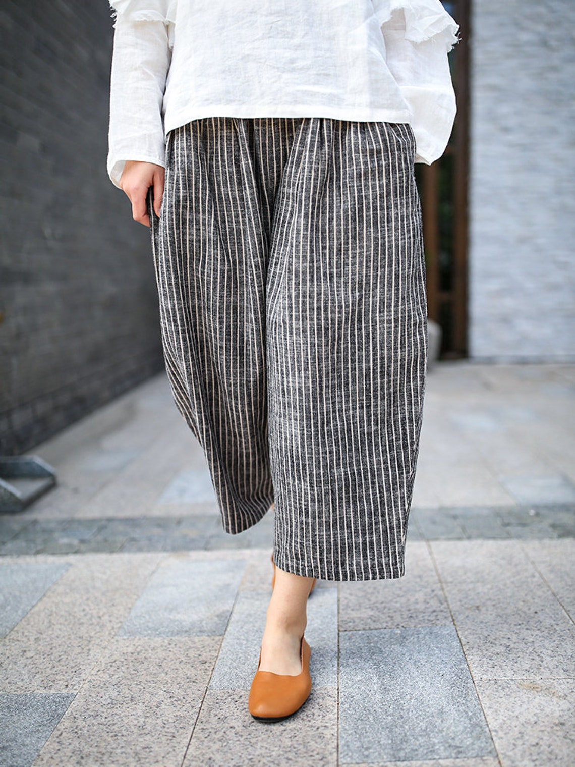 Women dark gray linen striped pants Loose Wide Leg Trousers | Etsy