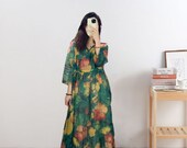 Women 39 s Summer Beach Maxi Dress, Ramie Green Floral Dress, 3 4 Sleeve Dress, Dress With Pockets, High Waist Dress, Boho Dress, Dress Kaftan