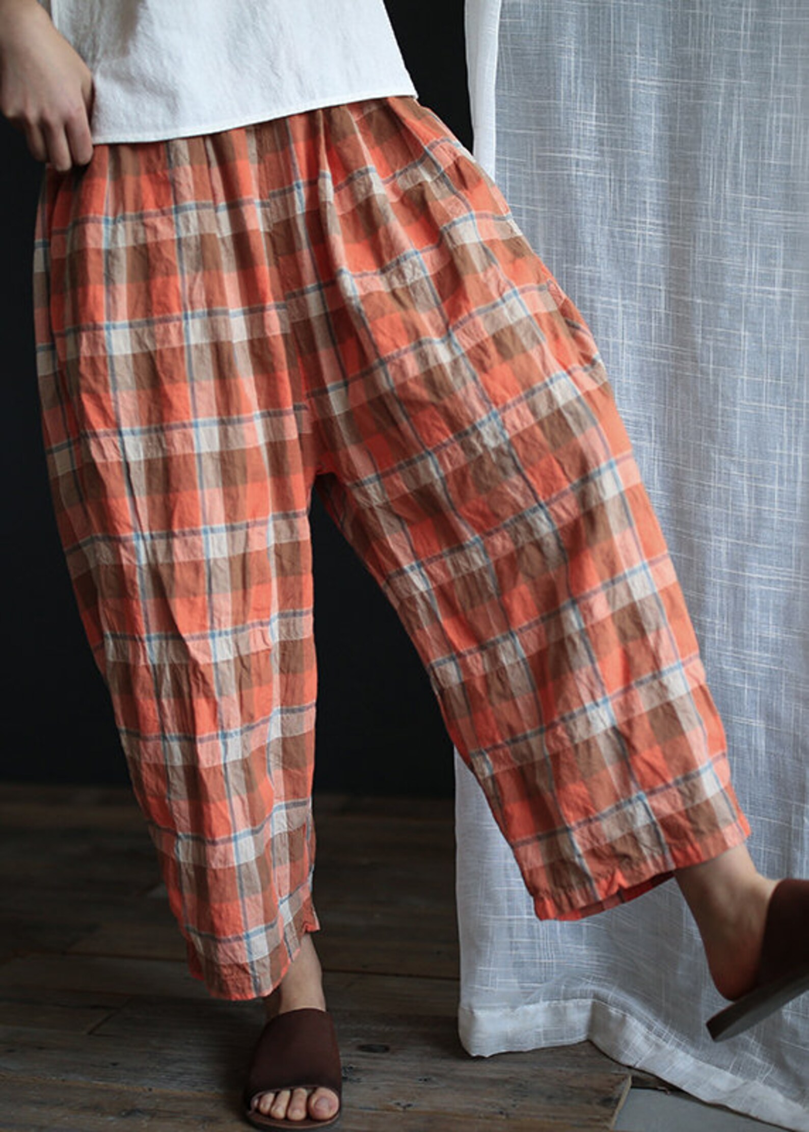 Women orange plaid Linen pants Loose Wide Leg Trousers Pants Etsy
