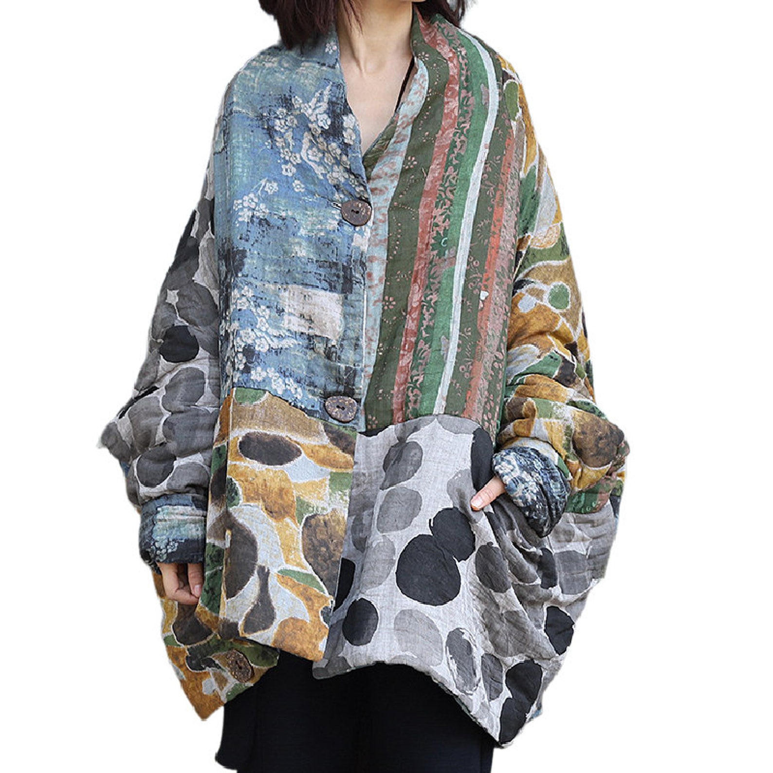 Oversized retro geometric pattern cotton coat warm winter | Etsy