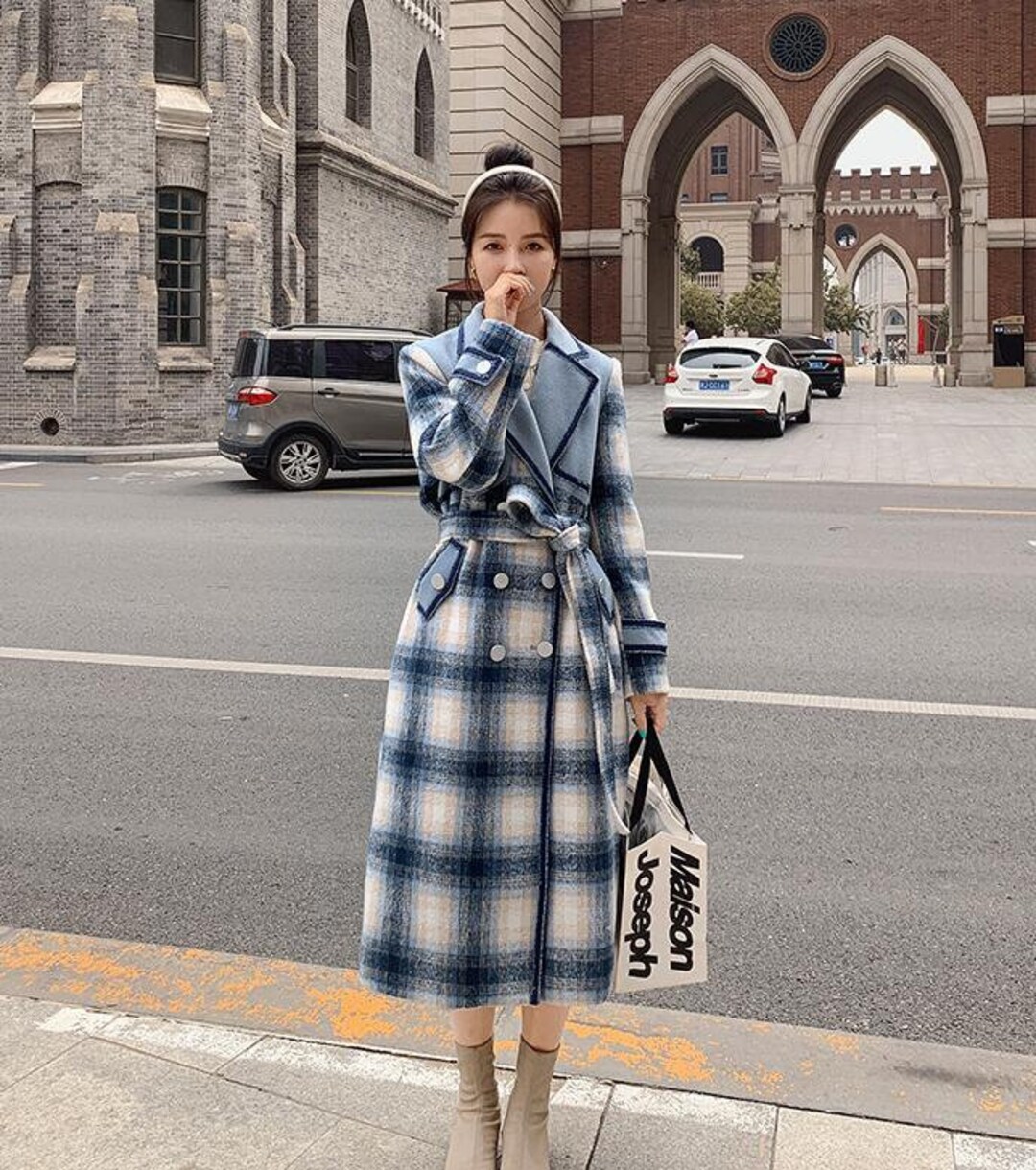 Long Wool Coat Blue Plaid Belted Stylish Winter Jacket Classic Belted