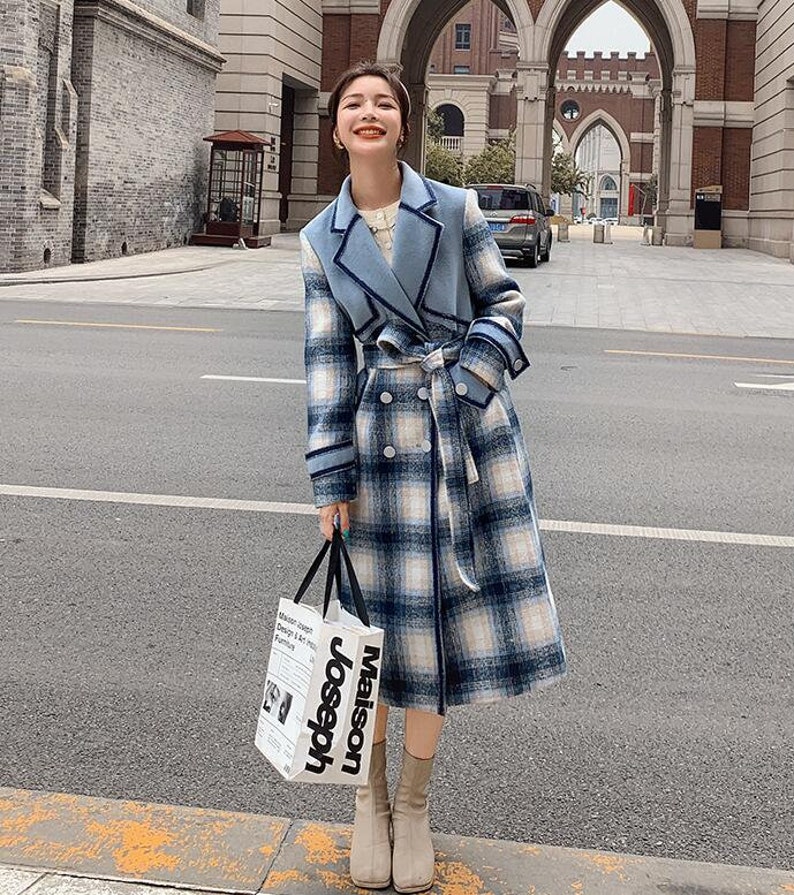 Long Wool Coat Blue Plaid Belted Stylish Winter Jacket Classic Belted