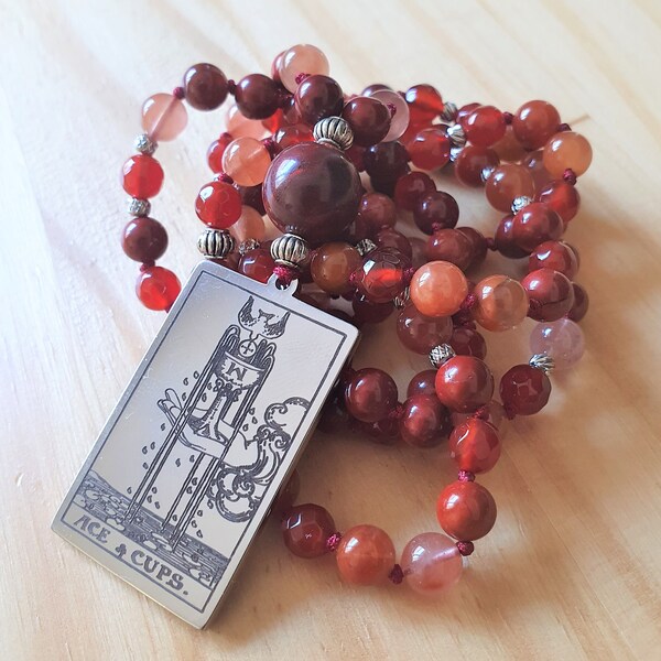 Mala Jaspe Rouge, Cornaline & Agate Rouge ~ Mala Moyo ~ Collier Japamala en Pierres Fines véritables ~ Ace of Cups