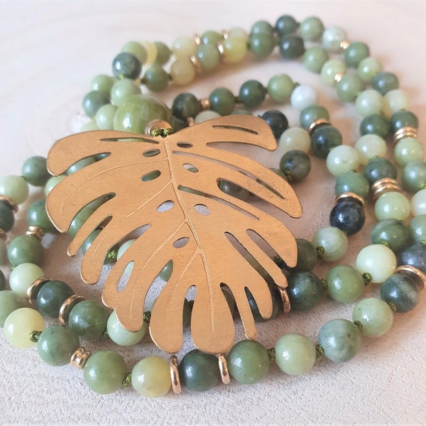 Mala MONSTERA ~ Jade ~ Pierres Fines Véritables ~ Japamala, Collier, Sautoir, Chapelet