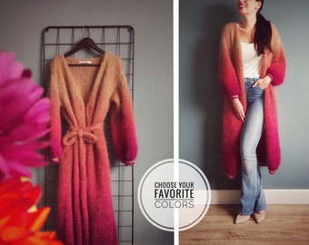Silk mohair cardigan, Festival clothes, Knitwear women, Fuzzy cardigan, Mohair sweater, Boho cardigan, Long coat belted, Hippie clothes