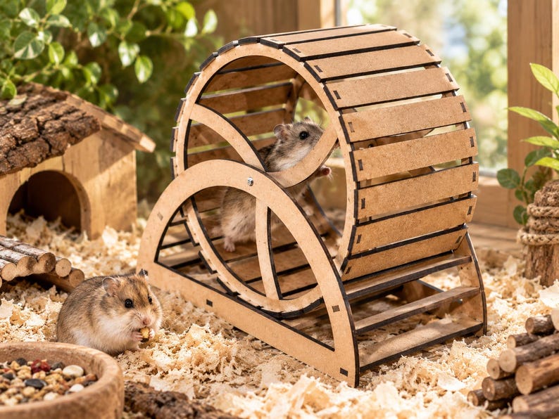 May include: A light brown wooden hamster exercise wheel with a circular frame and horizontal slats. A small hamster is positioned inside the wheel, while another hamster sits on the wood shavings nearby, eating a small piece of food.