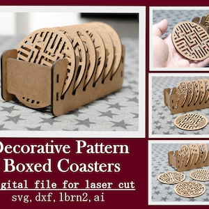 Decorative Pattern Boxed Coasters Laser Cut Svg File, Vector For Laser Cutting, Coasters and Holder Instant File, Glowforge Lightburn Design