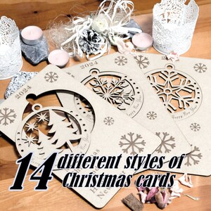 May include: 14 different styles of Christmas cards featuring a variety of designs including snowflakes, ornaments, and trees. The cards are made of brown cardboard and have a rustic look.