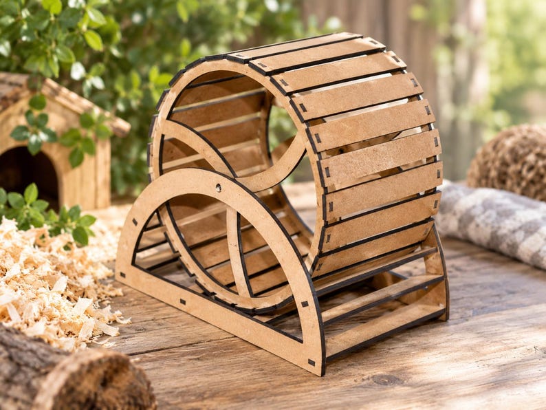 May include: A light brown wooden exercise wheel for small pets, featuring a cylindrical drum constructed from horizontal slats with dark edges, supported by a sturdy semi-circular frame base that allows the wheel to rotate freely.