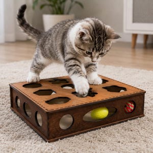 May include: A brown wooden puzzle box for pets with various geometric cutouts on the top surface and oval openings on the sides. A small grey and white tabby kitten stands on top of the box, reaching into one of the cutouts with a paw.